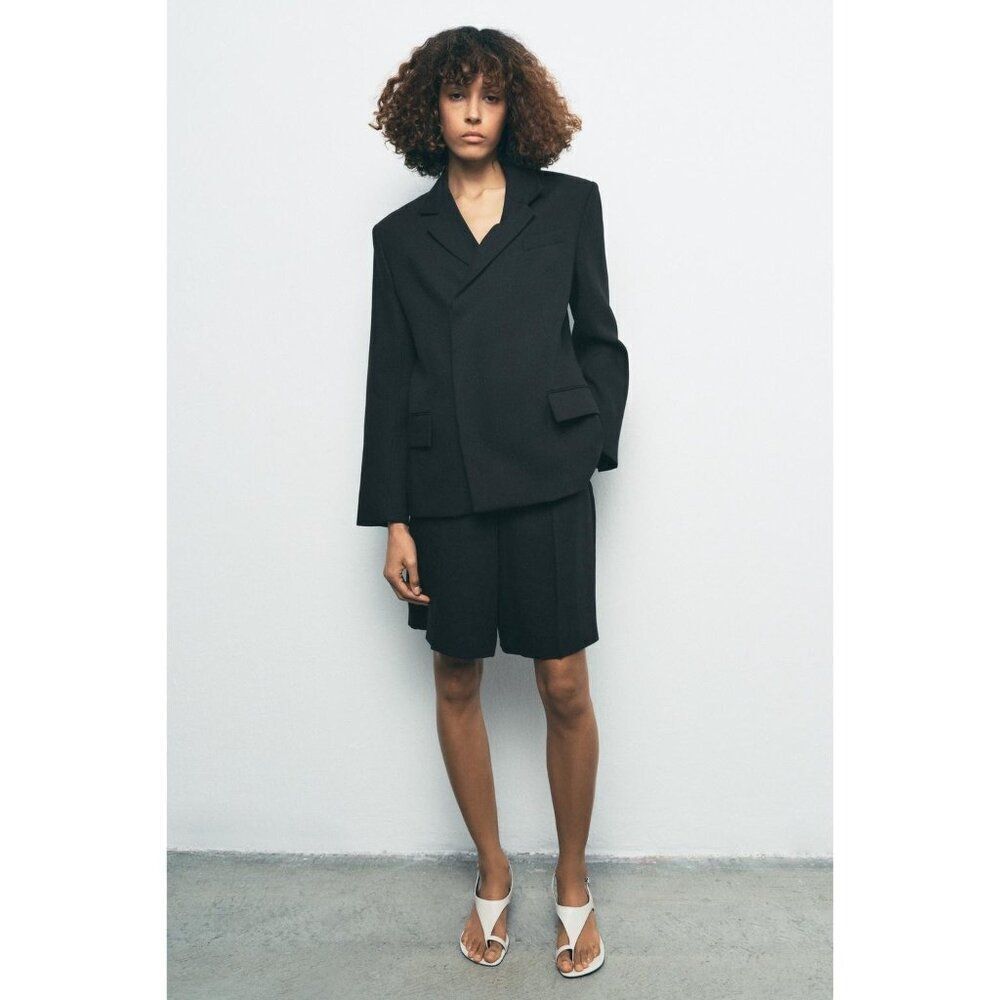 Zara Womens Blazer Jacket Small S Black Double Breast Linen Blend 2490/586 NWOT